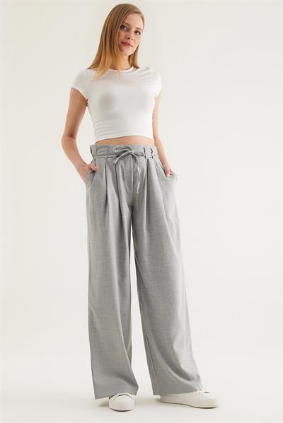 Kendinden Kemerli Cepli Bol Pantolon Gri