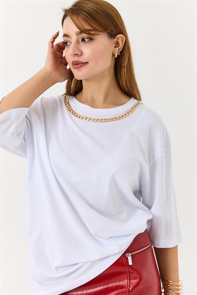 Kadın Yakası Gold Zincirli Bisiklet Yaka Tshirt Beyaz