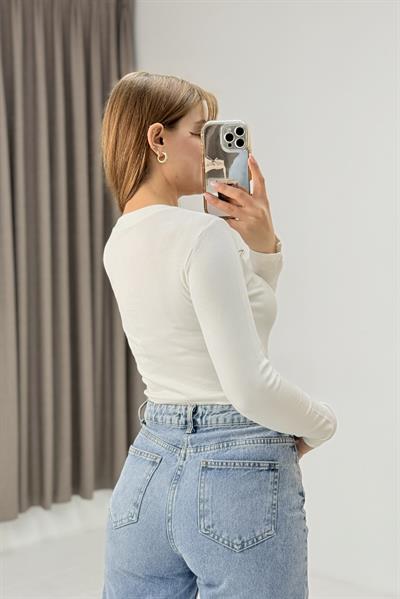 Kadın V Yaka Uzun Kollu Crop Bluz Ekru
