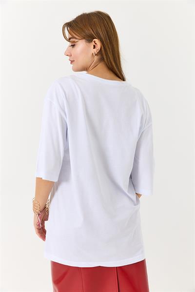 Kadın Yakası Gold Zincirli Bisiklet Yaka Tshirt Beyaz