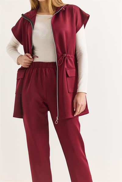Kadın Beli Lastik Detaylı Scuba Pantalon Yelek Takım Yağ Bordo