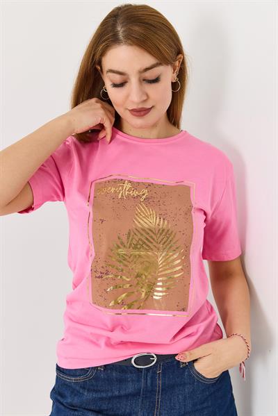 Kadın Palmiye Parlak Baskılı Tshirt Pembe