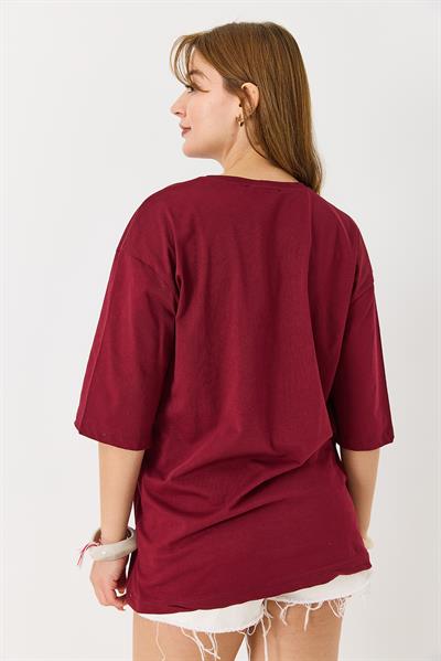 Kadın Yazı Baskılı Bisiklet Yaka Tshirt Bordo