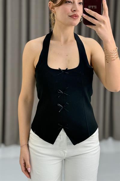 Kadın Boyun Askılı Sırttan Fermuarlı Crop Bluz Siyah