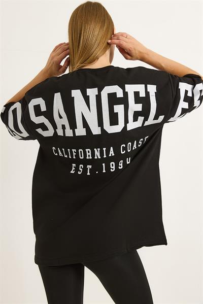 Sırt Baskılı Oversize Bisiklet Yaka Tshirt Siyah