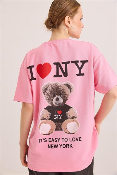 Ön Ve Arka Baskılı İki İp Oversize Örme Tshirt Pembe