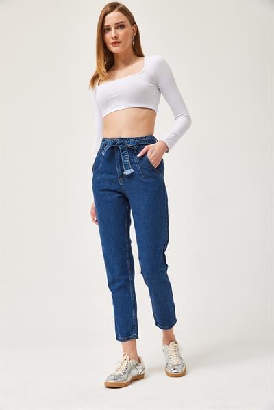 Yüksek Bel Kuşaklı Jeans Pantolon Lacivert