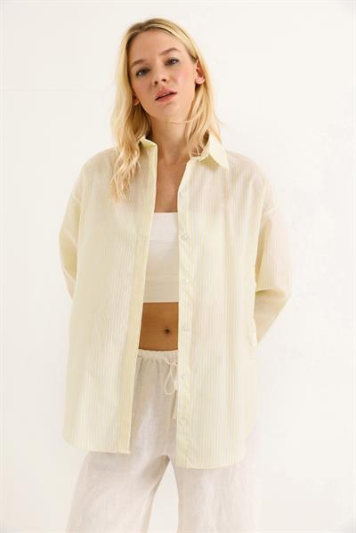 Çizgi Desenli  Rahat Kesim Kadın Gömlek  Sarı