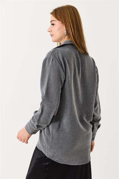 Kadın Oversize Müslin Kumaş Basic Gömlek Gri