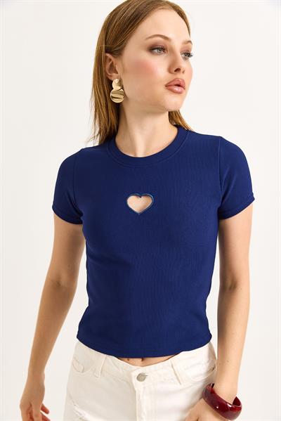 Kalp Detaylı Fitilli Örme Bluz Lacivert