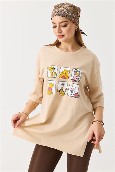 Kadın Yanı Yırtmaçlı Oversize Basic Tshirt Krem