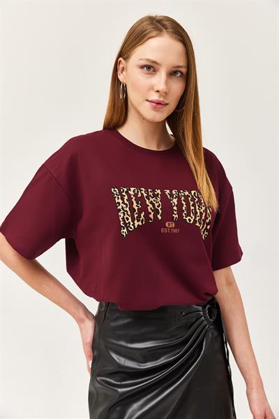 Bisiklet Yaka Oversize Tshirt Bordo