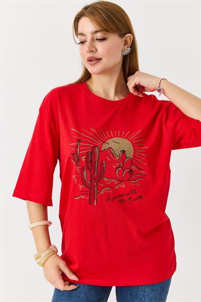 Kadın Çöl Tema Baskılı Bisiklet Yaka Tshirt Kırmızı