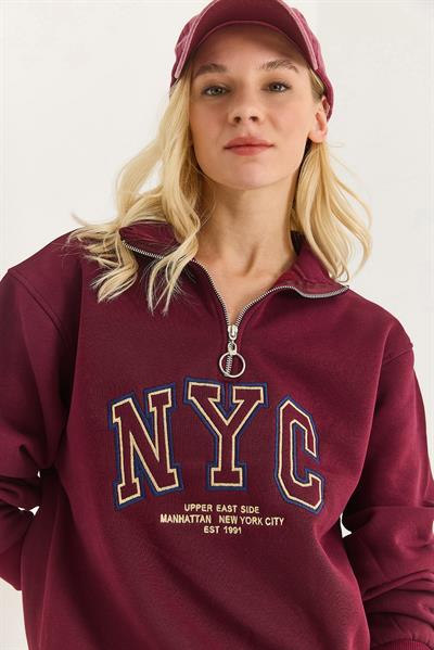 Nyc Nakışlı Fermuar Detaylı Dik Yaka Oversize Sweatshirt Bordo