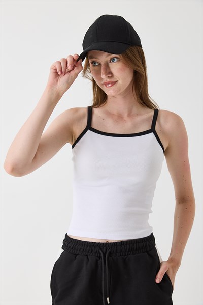Kadın Askılı Kaşkorse Crop Bluz Beyaz