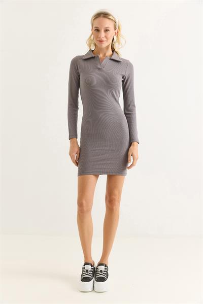 Kadın Polo Yaka Mini Elbise Füme