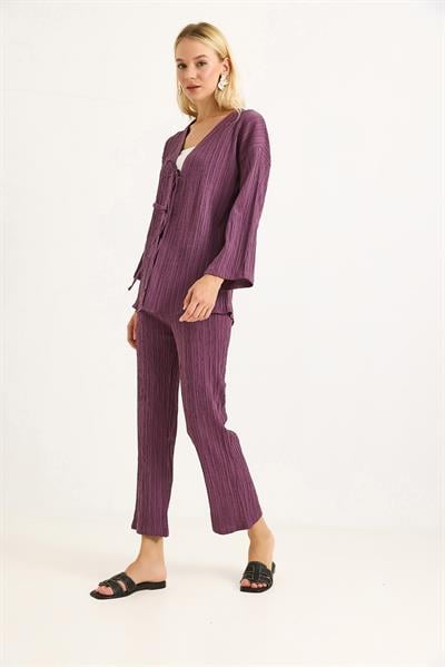 Kimonolu Pantalon Krınkıl Takım Mürdüm