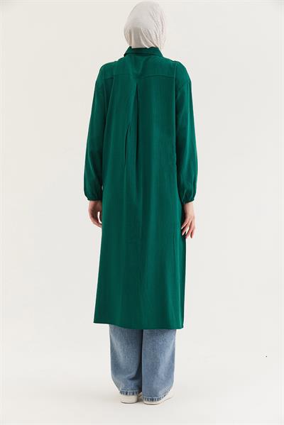Keten Düğmeli Uzun Tesettür Tunik Yeşil