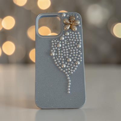 İphone 16 Pro Max Uyumlu İnci ve Glitter Detaylı Kılıf Mavi