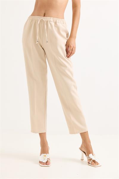 Beli Lastikli Kısa Paça Double Krep Pantolon Krem