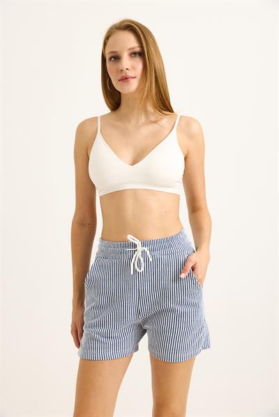 Çizgi Desenli Belden Bağlamalı Kadın Şort Lacivert