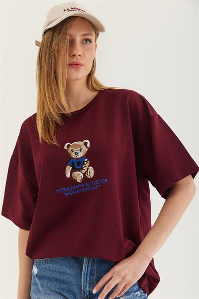 Bisiklet Yaka Oversize T-Shirt Bordo
