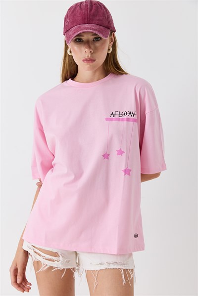 Kadın Bisiklet  Salaş Yaka Pembe Baskılı Tshirt