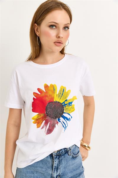 Çiçek Baskılı Pamuk Örme Tshirt
