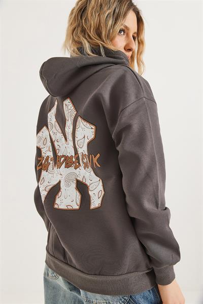 Üç İplik Baskılı Kapüşonlu Sweatshirt Füme