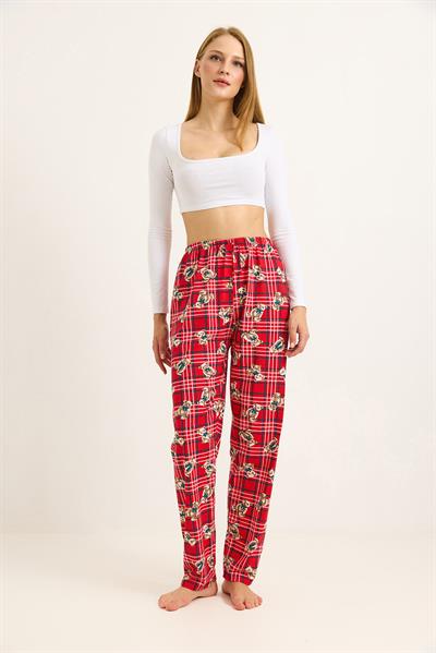 Beli Lastikli Pijama Ayıcık Desenli Pijama Altı Kırmızı