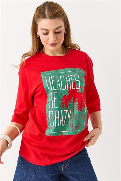 Kadın Baskılı Bisiklet Yaka Kısa Kol Tshirt Kırmızı