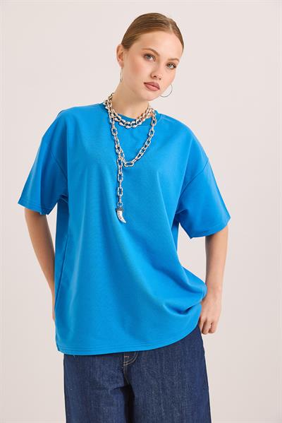 Oversize Bisiklet Yaka Basic Tshirt Mavi