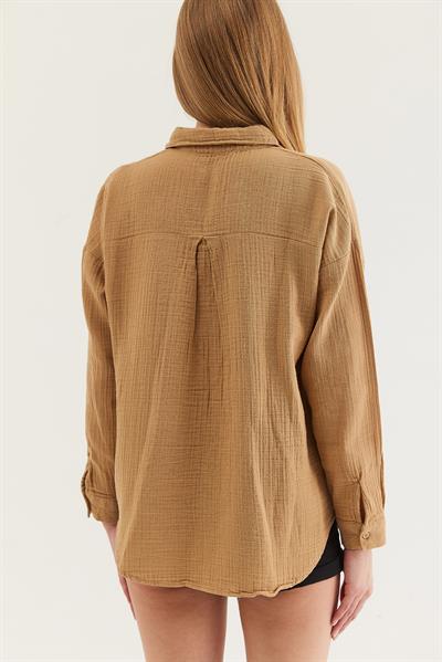 Uzun Kollu Oversize Gömlek Taba