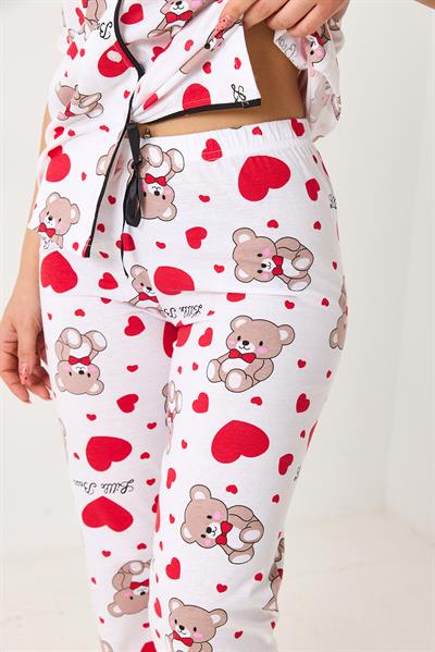 Kadın Ayıcık Baskılı Pijama Takımı Beyaz