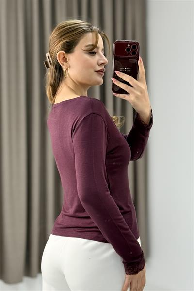 Kadın V Yaka Dantel Detaylı Uzun Kollu Kaşmir Bluz Mürdüm