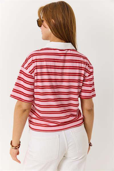 Polo Yaka Çizgili Baskılı Kısa Kollu Tshirt 