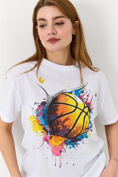 Kadın Basketbol Grafik Baskılı Günlük Tshirt  Beyaz