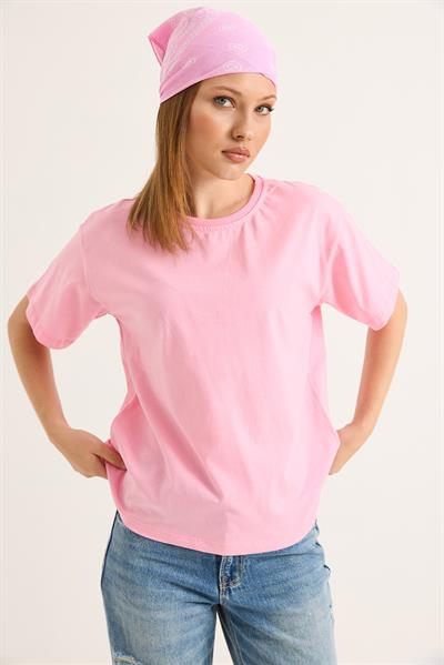 Bisiklet Yaka Kısa Kollu Fit Tshirt Pembe