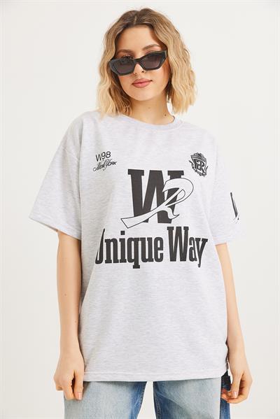 Bisiklet Yaka Baskılı Tshirt Açık Gri