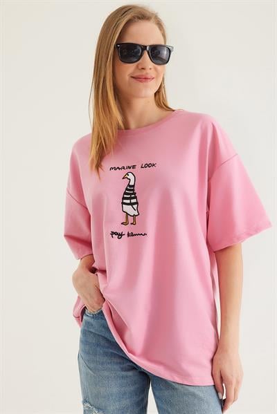 Bisiklet Yaka Oversize Baskılı Tshirt Pembe