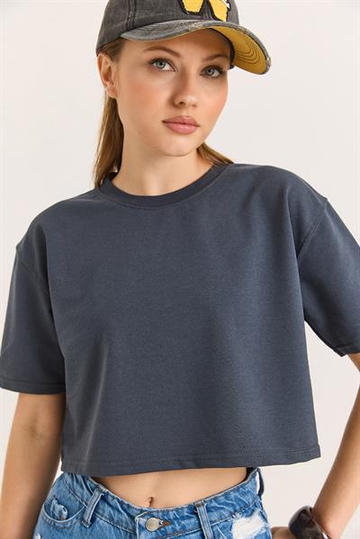 Bisiklet Yaka Havalı Crop İki İp Tshir Füme