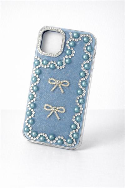 İphone 16 Pro Uyumlu Taş Detaylı Telefon Kılıfı Mavi