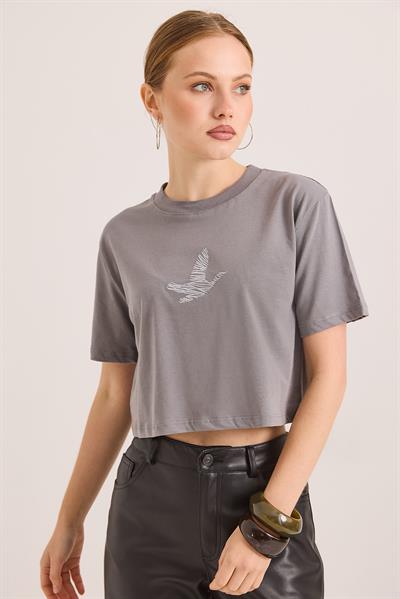Karikatür Kuş Kabartma Baskılı Örme Crop Tshirt Füme