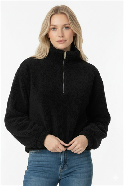 Kadın Yarım Fermuarlı Altı Büzgülü Siyah Sweatshirt