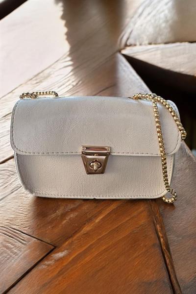 Gold Zincir Askılı Mini Vintage Deri Çanta Krem