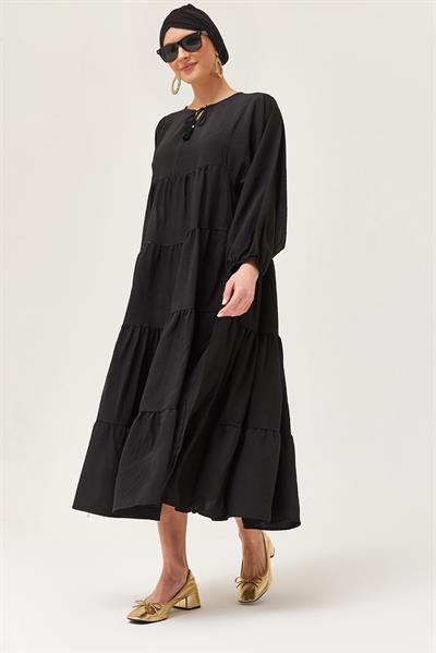 Yakası İpli Kat Model Elbise Siyah