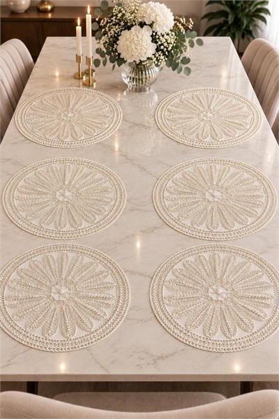 Yuvalar Desenli Motifli 7 Parça Runner Set Ekru