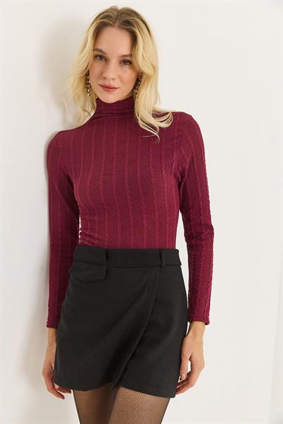 Kadın Balıkçı Yaka Triko Esnek Kazak Bordo