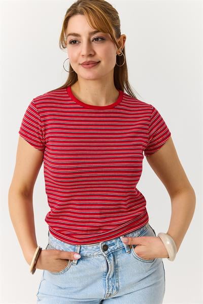 Kadın  Çizgili Bisiklet Yaka Tshirt Kırmızı