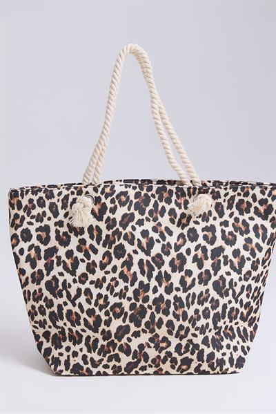 Fermuarlı Halat Askılı Plaj Çantası Leopar